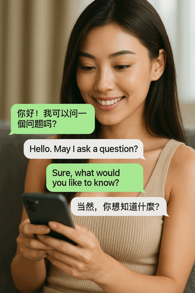A woman with long hair smiles while using a smartphone to send messages in different languages.