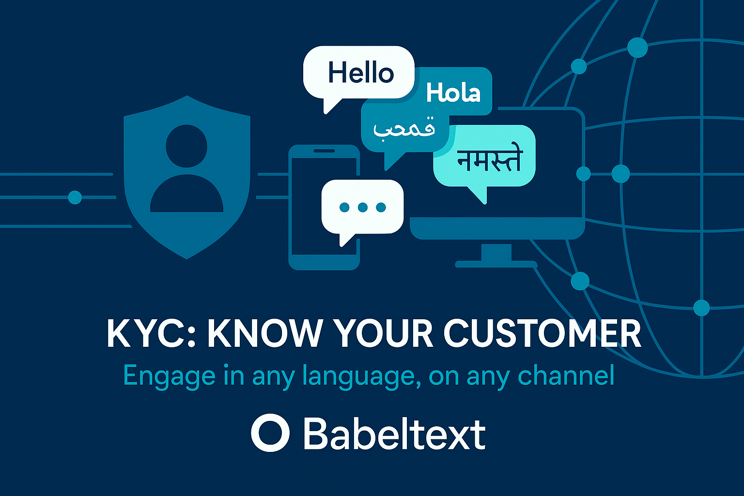 Graphic illustrating KYC: Know Your Customer with multilingual greetings and a computer screen.