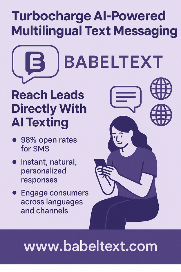 Advertisement for Babeltext featuring a woman using a smartphone with multilingual text messaging information.