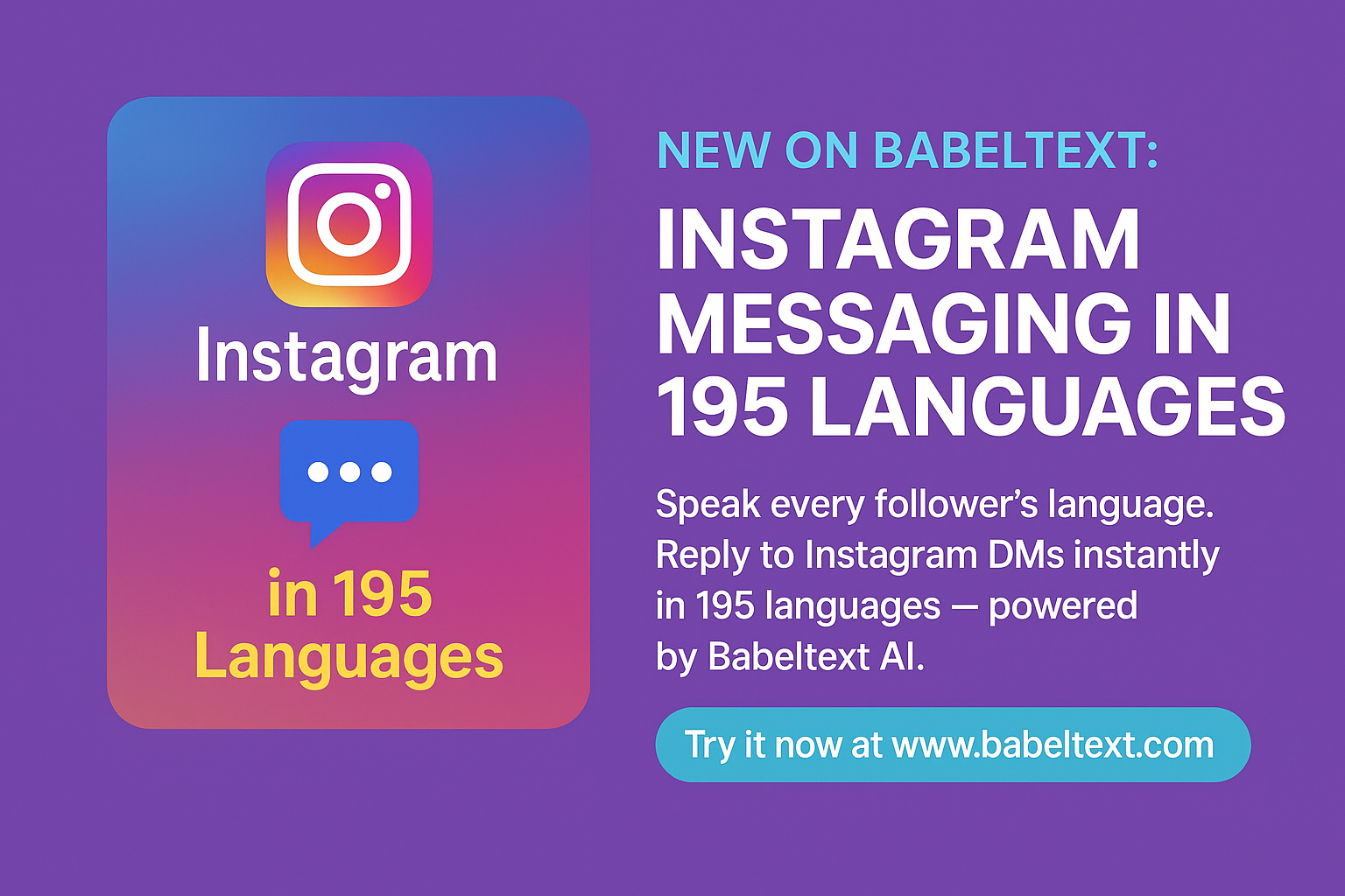Graphic promoting Instagram messaging in 195 languages with Babeltext AI on a purple background.