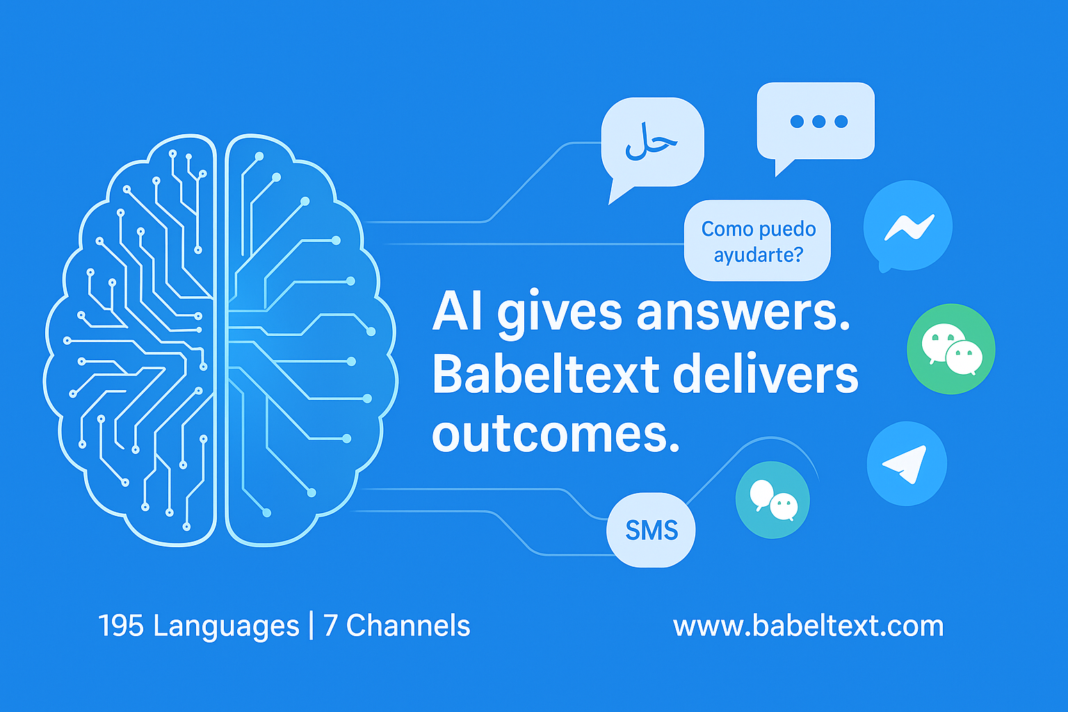 Graphic illustrating AI communication with text bubbles in multiple languages and a brain design representing Babeltext.