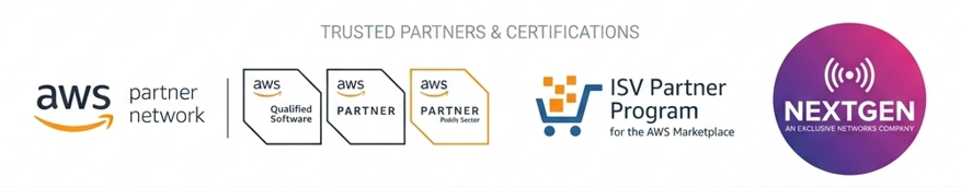 Logos for AWS Partner Network, Qualified Software, Partner and Poddy Partner sit beside the ISV Partner Program and NEXTGEN branding in a banner.